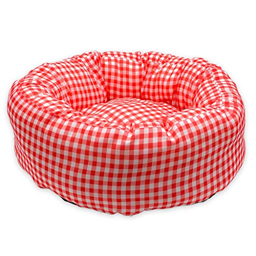 MIJOMA Huisdierbed, kattenbed, hondenbed van stof, puppykussen, zacht, comfortabel, hondenbed, kat, slapen, rond, Ø 35 cm (rood-wit) - Afbeelding 6
