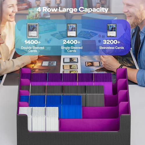 Image of UAONO Trading Card Storage Box, Holds 2400 Sleeved Cards with 24 Dividers & 4 Stoppers, Magnetic Closure PU Leather Card Case for MTG, PTCG, YGO, Sports Cards (Black&Purple)