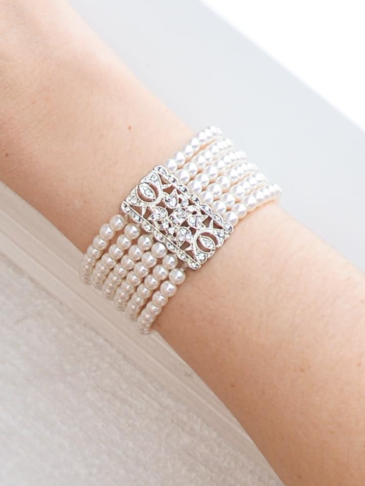 Mariell Ivory Pearl and Crystal Stretch Cuff Bracelet, Medium Size 6" to 7" Fits Most Wrists, Simulated Pearls, Vintage Design Bracelet For Brides, Weddings, Mother of the Bride4