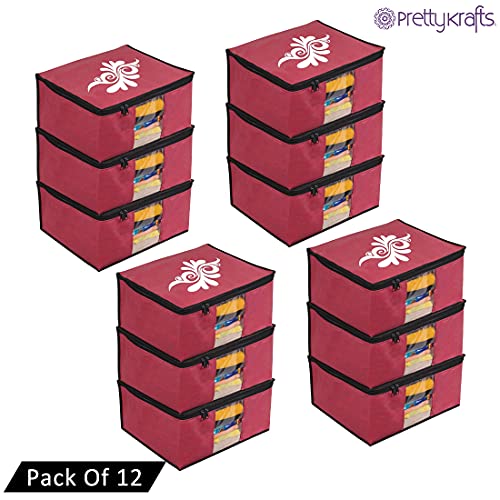 Image of PrettyKrafts Large Saree Cover With Creative Prints, Wardrobe Organiser, Clothes Cover & Storage, Zip Closure and Transparent Window | Clothes Storage Bag | Set of 12, Maroon | Size: 40 x 35 x 20 cm