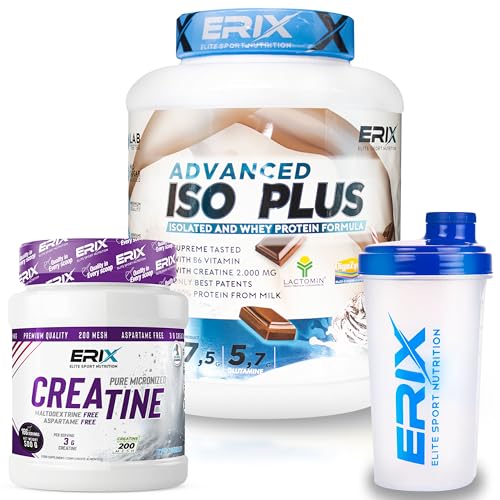 ERIX Nutrición Pack ISO Advanced Plus 2kg+ Creatina Monohidrato 500g+ Shaker Blanco, Proteína Aislada Isolate para Recuperación y Crecimiento Muscular, Musculación (Chocolate)