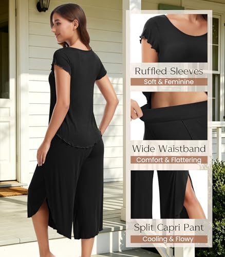 Image of NACHILA Women's Pajamas Set-Viscose Made from Bamboo,Short Sleeve Sleepwear Soft Pjs with Capri Pants Loose Loungewear