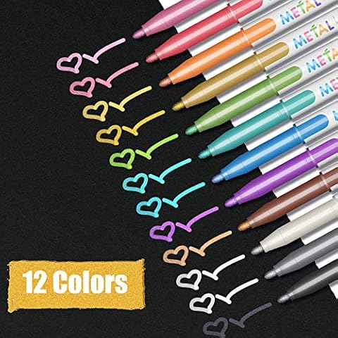 Metallic Marker Pens Paint Pens for Art - APOGO Set of 12 Metallic Pens for Scrapbook Accessories Black Paper Card Making, Craft Supplies for Rock Painting Kit, Glass Paint, Wood Crafts, 2mm Felt Tips Cover