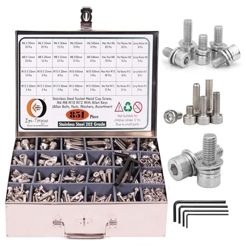 Image of Epi-Torque Metric M6 M8 M10 M12 Stainless Alloy Steel 202 Grade Socket Head Cap Screws Nuts Allen Bolt Washer with Allen Keys Assortment Kit Set with SS Box 851 Pcs Pack
