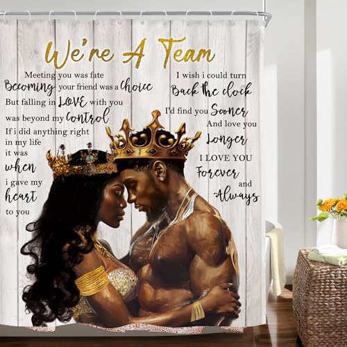 Image of Riyidecor African American Shower Curtain Black King and Queen Afro Romantic Couple 60Wx72H Inch Rustic Vintage Wood Board Inspirational Quote Fabric Decor Bathroom Polyester Waterproof Hooks