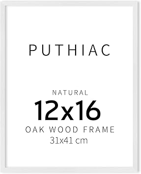 puthiac 12x16 White Oak Wood Picture Frame - Minimalist 12x16 Poster Frame, 12"x16" Picture Frame Wood, Natural Solid Wooden Picture Frames for Wall Art Photo and Prints (1 Pack, White)