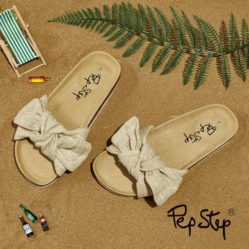 Image of PepStep Slide Sandals for Women or Ladies Dressy Summer Casual, Cute Bow Tie Knot On Top Strap, Comfy Slip On Cork Foot Bed