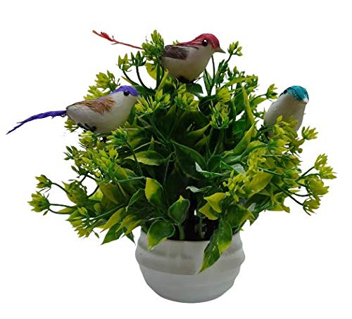 DekorlyFaux Eucalyptus Plants Potted with 3 Cute Beautiful Colorful Birds, Artificial Plants in Pot Fake Green Plant Bonsai with White Square White Pot for Office, Home, Kitchen, Table Indoor Decor