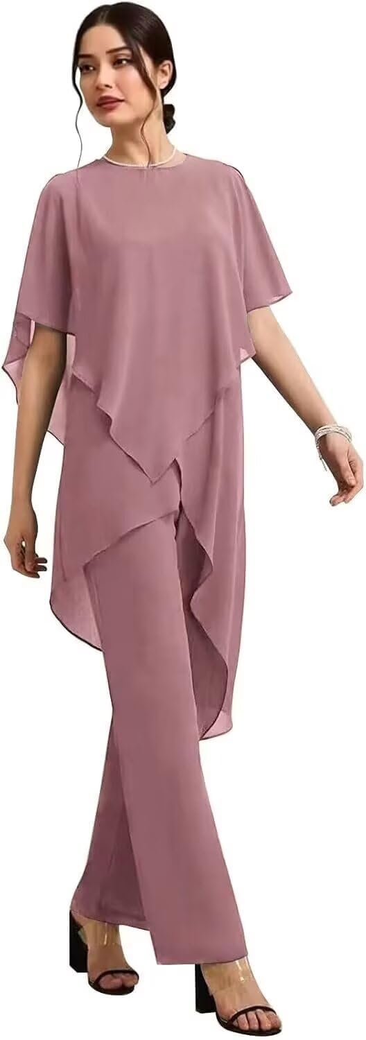 2 Pieces Mother of The Bride Pant Suits - Chiffon Tiered Half Sleeves Women Dressy Wedding Guest Formal