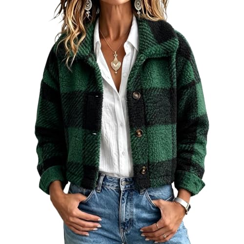 FPMLUXLL Womens Winter Coat Cropped Plaid Lapel Collar Fuzzy Sherpa Jacket - image 3
