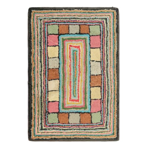 Rug & Kilim Antique Hooked Geometric Rug with Polychromatic Patterns