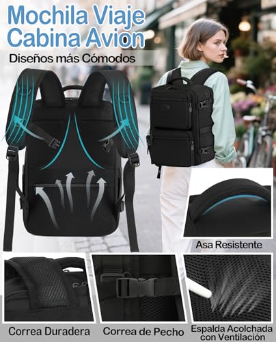 Mochila 40x30x20 viaje cabina avión de 24L para Ryanair y portátil negro 5