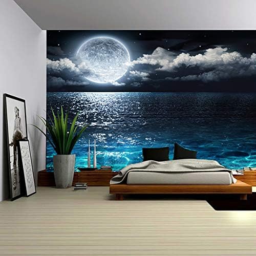 Tapestry Wall Hanging 3D Retro Blue Sea Moon Tapestries Summer Night Sky Blanket Cool Scenic Landscape Tabl…