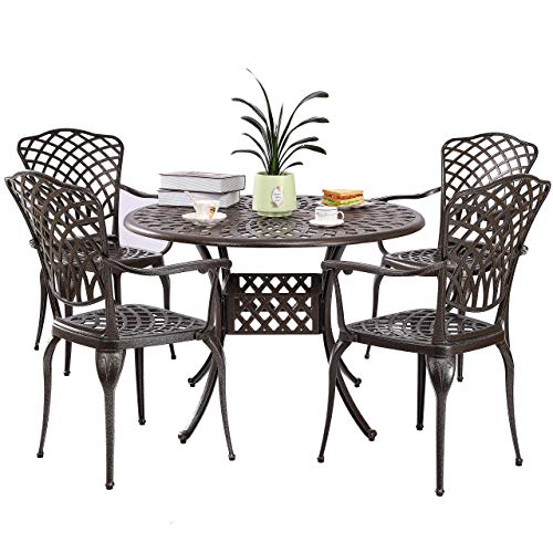 Kinger Home 5 Piece Cast Aluminum Patio Dining Set W 4 Chairs Umbrella Hole Lattice Weave Design Brown Buy Online In Aruba At Desertcart