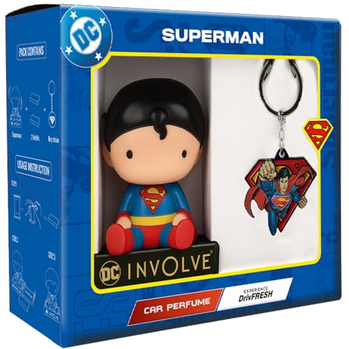 Image of Involve DC Superman Character Bobblehead Car Perfume & Keychain - OFFICIAL DC MERCHANDISE from Warner Bros | Car Air Freshener | Car Accessories 2026 | Car Dashboard Idol | Dashboard Figurine
