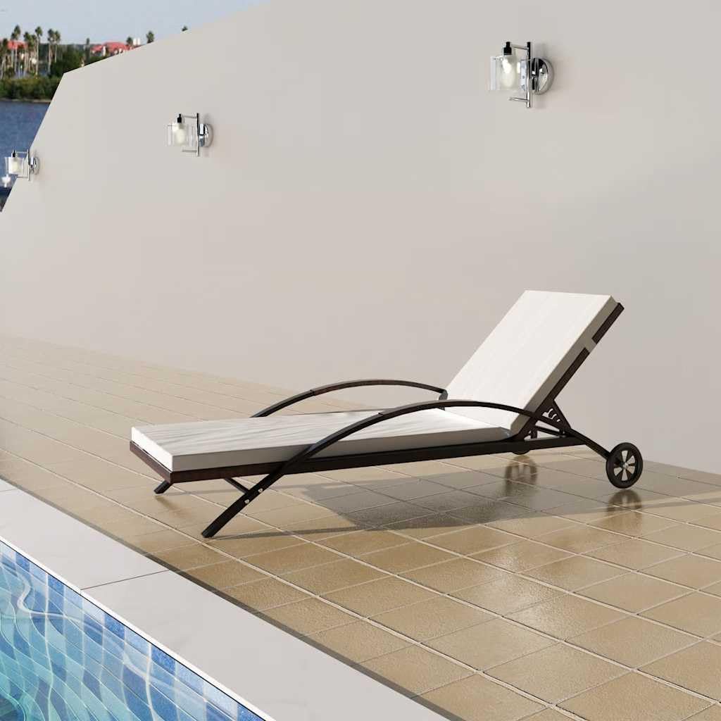 Leżak do opalania z tapicerowanymi kółkami, polirattan, brązowy, leżak ogrodowy, leżak plażowy, regulowany, na taras, balkon, basen, kemping, urlop, do opalania
