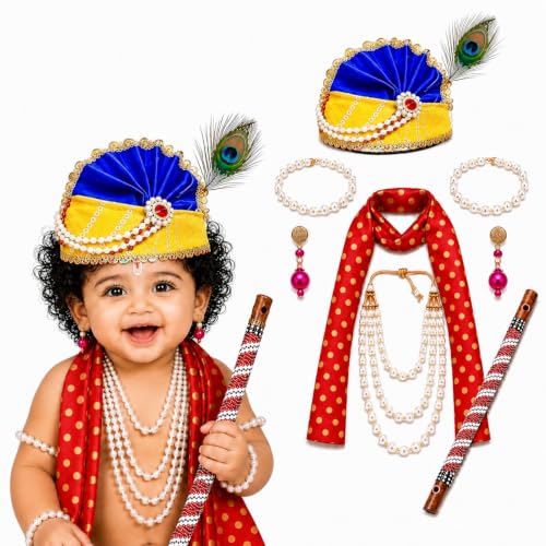 Image of Sarvda Krishna & Radha Dress for Kids - Complete Janmashtami Costume Sets with Dhoti /Lehenga, Mukut, Mor Pankh, Bansuri & Accessories | Fancy Dress for Baby Boys & Girls