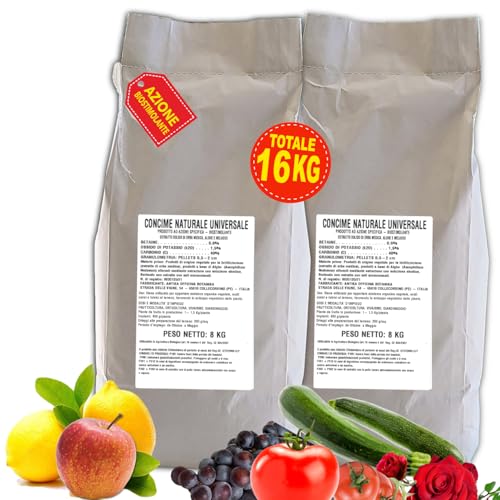Concime Bio naturale ad azione biostimolante con ascophillum nodosum e borlanda essiccata per orto, frutteto, giardinaggio, vivaismo busta da 8 kg (Duo pack da 16 Kg)