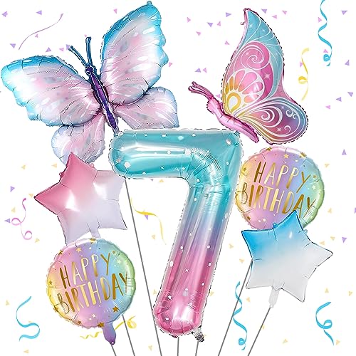 Butterfly Balloons 7th Birthday Decorations for Girls, Gradient Pink Colorful Foil Balloon, Giant Number 7 Foil Mylar Balloon, 7 Years Old Butterfly Theme Birthday Party Supplies Decor