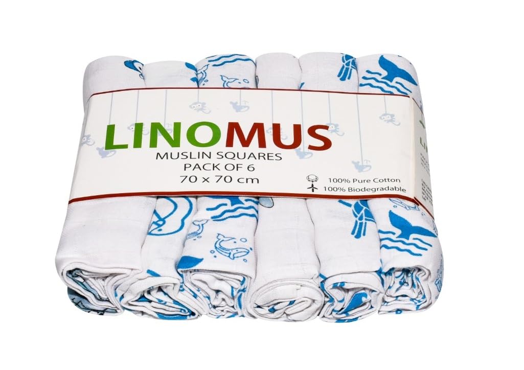 Muslin Cloths for Baby Pack of 6 (70 x 70 cm) - Soft, Absorbent & Breathable 100% Pure Cotton Burp Cloths - Ideal to Clean, Wipe & Cover Newborns - Light & Dark Blue Animals Theme-image-19