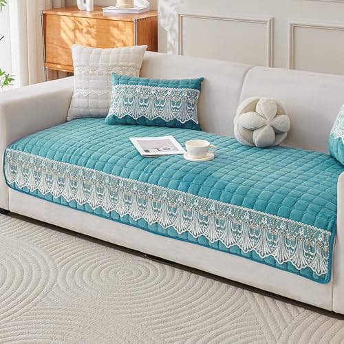 Image of HOKIPO 'BelleLace Series' Imperial Milk Velvet Sofa Cover Mat with Lace Design| Make Your Own Sofa Cover Set, Mat Length 90(D) x 60(L) cm, Teal (AR-5962-TEAL)