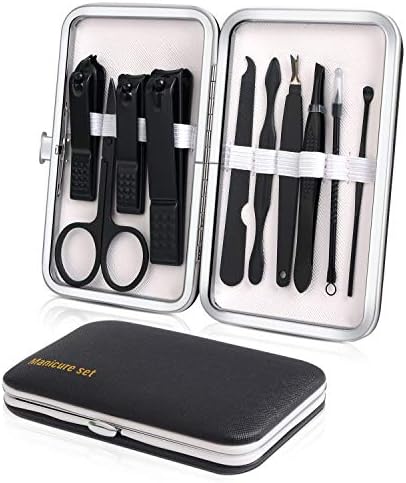 Manicure Set, Travel Mini Nail Clippers Kit Pedicure Care Tools, 10pcs Stainless Steel Grooming kit (Black)