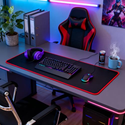 Image of JIALONG Large Gaming Mouse Pad, Extended Mousepad with Red Stitched Edges, XXL Desk Mouse Mat, Big Computer Keyboard Pad for Gaming and Office, 35.4 x 15.7 inches