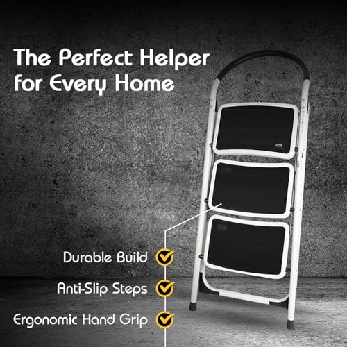 Image of Deli EDL509013 3-Step Iron Ladder with 670mm Height 360x270mm Anti-Slip Foot Cover Pedal Heavy Duty 150Kg Maximum Load Foldable Handgrip Stool for Household Office (1pc)