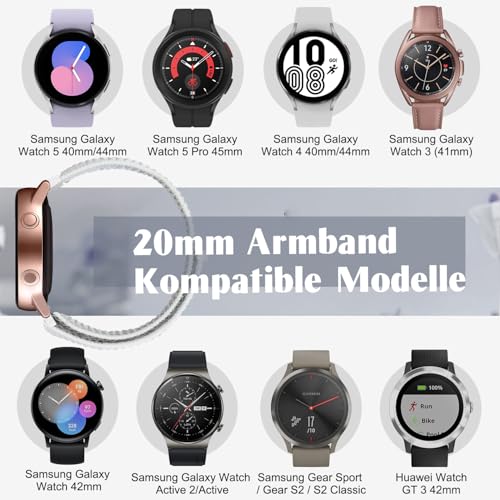 20mm Nylon Armband Kompatibel Mit Samsung Galaxy Watch 7/6/5/4/FE 40mm 44mm, Watch 5 Pro 45mm, 6 Classic, 4 Classic, Active 2, Garmin Vivoactive 5 - Uhrenarmband für Damen Herren – Bild 3
