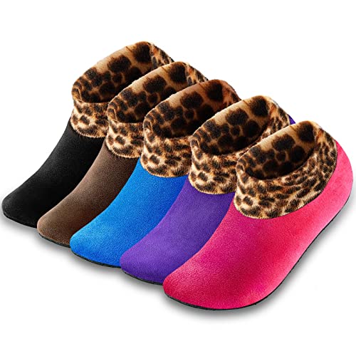 Geyoga 5 Pairs Women Winter Non-Slip Thermal Socks Fleece Lined Fuzzy Slippers Socks Indoor Leopard Print Soft Thick Socks (Black, Coffee, Blue, Purple, Rose) #TOP6