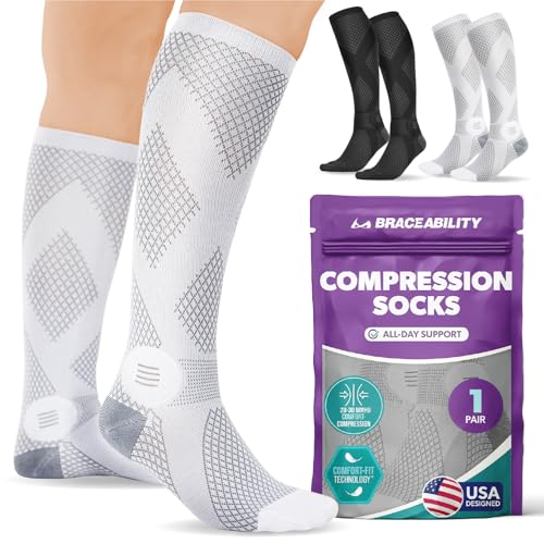 Image of BraceAbility Knee High Compression Socks 20-30 mmHg - Support Stockings for Women, Men, Circulation, Running, Flying, Post Surgery, Varicose Veins, Diabetic Foot Pain - 1 Pair Closed Toe (L - Gray)