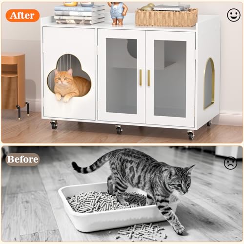 Image of White Large Hidden Cat Litter Box Enclosure, Modern Cat Litter Box Furniture with Glass Doors, Partitioned Cat House End Table for Indoor Cats, Fits Most Standard Litter Boxes