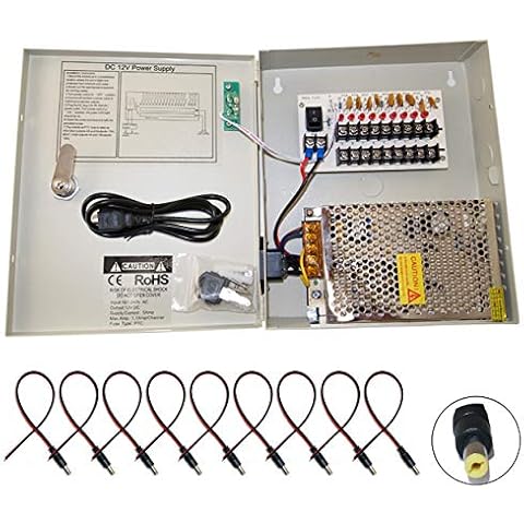 Evertech 8 Channel 9 Port Power Box Security Camera 12V DC 5A Amper CCTV DVR Power Supply Switch Box Key Locked with 9 Pcs. Male Power Jack (9 Port) Cover