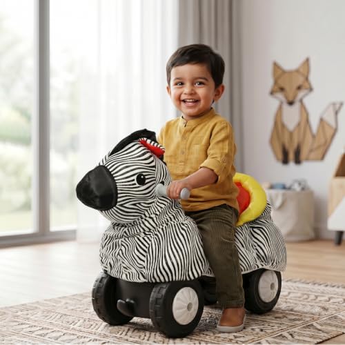 Image of Toyzone Little Soft Zebra Ride on | Cloth-Covered Ride On Toy with Wheels | Back Support | Indoor & Outdoor Ride-On for Toddlers 1-4 Years