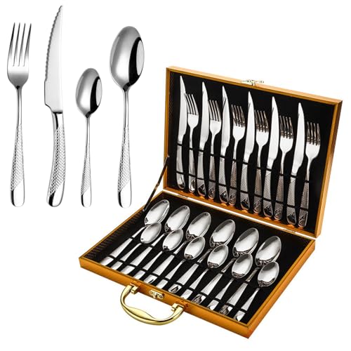Besteck Set 6 Personen 24 teilig Edelstahl Spiegelpoliert Besteckset Spülmaschinenfest Essbesteck Set mit Messer Gabel Löffel Geschenkbox für Haus Küche Hochzeit Party Restaurant (Silbrig) Besteck Set 6 Personen 24 teilig Edelstahl Spiegelpoliert Besteckset Spülmaschinenfest Essbesteck Set mit Messer Gabel Löffel Geschenkbox für Haus Küche Hochzeit Party Restaurant (Silbrig)