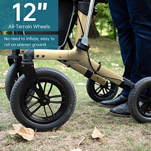Image of ELENKER All-Terrain Rollator Walker with Non-Pneumatic Tire 12 inch Front Wheels, Compact Folding Design for Seniors (Champagne)
