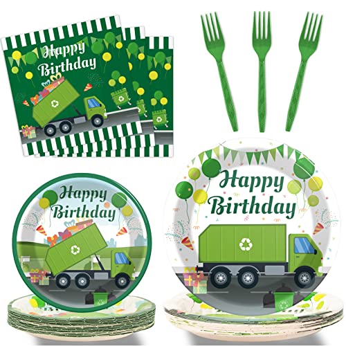 Image of 96 Pcs Garbage Truck Birthday Party Plates and Napkins Party Supplies Trash Trucks Party Tableware Set Waste Management Recycling Party Decorations Favors for Birthday Baby Shower for 24 Guests