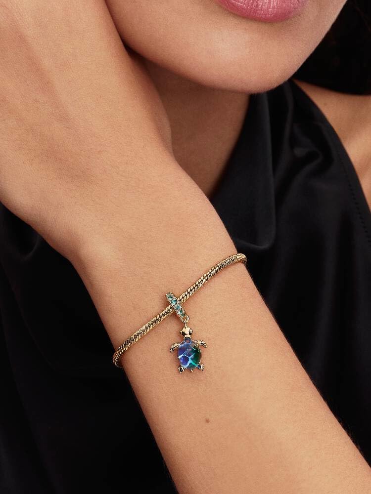 Sea Turtle 14k Gold-Plated Dangle with ICY Green, Bleached Aqua Blue Crystal and Peacock Murano Glass