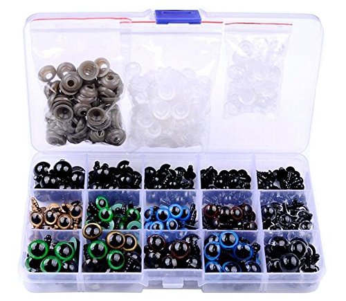 264Pcs 6-12mm Plastic Solid Black Safety Eyes and Colorful Safety Eyes Kit DIY Sewing Crafting Buttons Buckles Eyes Set with Washers and Storage Box for Doll Teddy Bear Animal Stuffed Toys Puppet