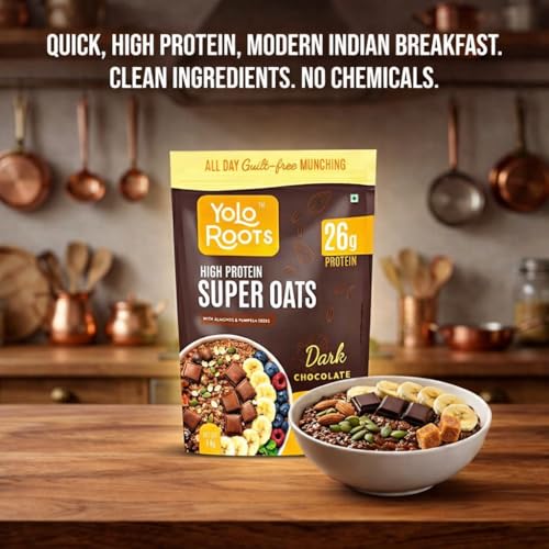 Image of Yolo Roots 26gm High Protein Super Oats 1 Kg | Real Dark Chocolate with Pumpkin Seeds, Raisins and Chia Seeds| No Added Refined Sugar