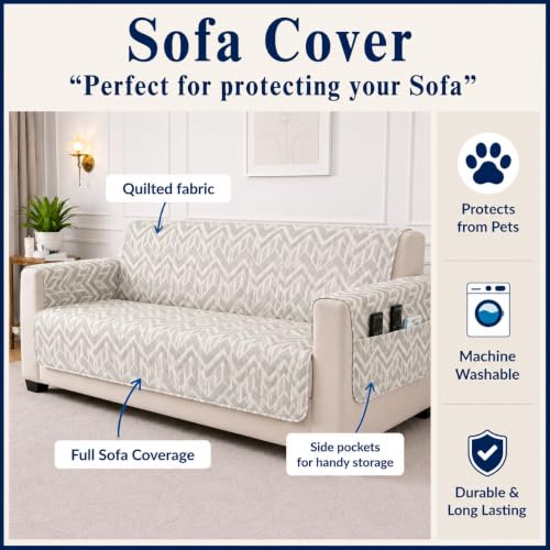 Image of STITCHNEST 'CloudFeel Series' Quilted Printed Velvet Sofa Cover for 1 Seater | Premium Soft Velvet Sofa Protector | Grey Chevron Geometric Design with Armrest Pockets | Furniture Cover