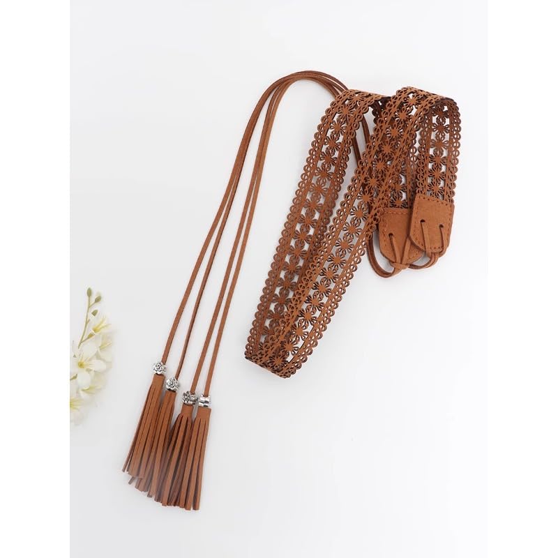 Women Waist Belt/Rope/Chain with Tassel and Beads Boho Wrap Skinny Belt for Skirt Dress Bohemian Style Belt tan4
