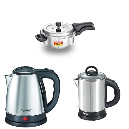 Prestige Svachh Deluxe Alpha 3.0 Litre Stainless Steel Pressure Cooker + Prestige Electric Kettle PKOSS - 1500watts, Steel (1.5Ltr), Black COMBO