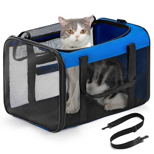 キャットキャリーバッグ ソフトサイドペットキャリア 犬用 4面メッシュ キャットキャリーバッグ 小型・中型猫 子猫 子犬 最大15ポンド 折りたたみ式キャットキャリーバッグ(Blue)