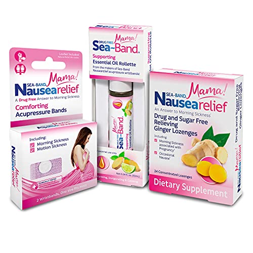 Sea-Band Mama Maternity Kit That Includes: 1 Pair of Maternity Anti Nausea Morning Sickness Bands, Drug-Free Nausea Relief Ginger Lozenges, and an Aromatherapy Calming Rollette with Essential Oils
