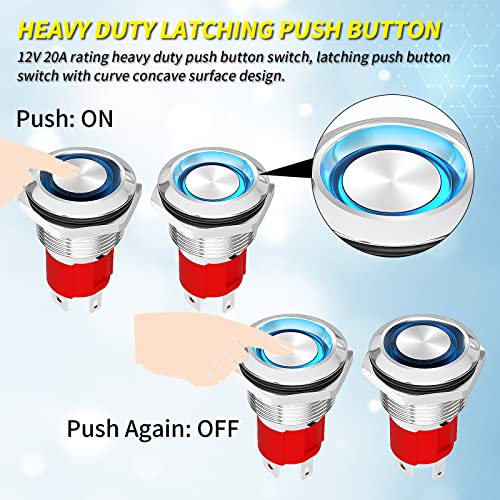 Joinfworld Latching Push Button Switch 12V 20A Heavy Duty Dc 12 Volt Waterproof Round Switch 19Mm Metal Blue Led Ring Illuminated On/Off Weatherproof With Wire For Marine Boat Car Truck #TOP2