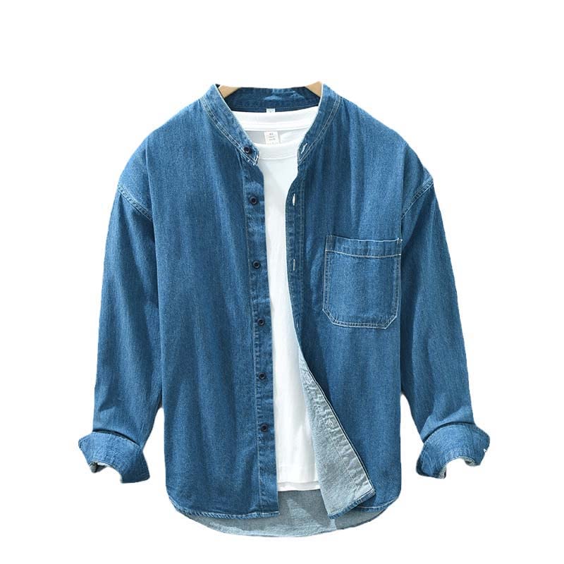 Chemise en denim homme manches longues col montant vêtement mode japonaise en coton décontracté