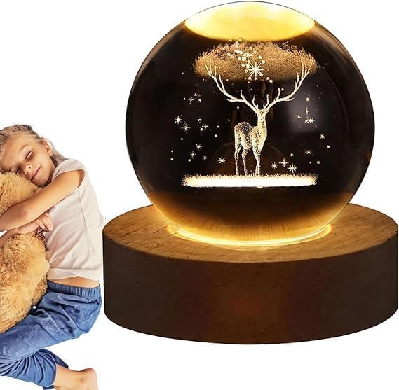 Image of Crystal Ball Lamp with Wooden LED Base | Engraved 3D Moon & Stars Night Light | USB Rechargeable Home Decor | Birthday Gift for Teens, Boys & Girls (3D Deer Lamp)