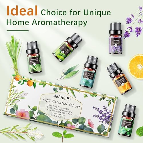 AESHORY Ätherische Öle Set für Diffuser 6 x 10ML, 100% Naturrein Aromatherapie Duftöl, Aroma Öl Geschenkset für Seife, Kerzen, Luftbefeuchter, SPA - Lavendel, Minze, Teebaum, Süßorange, Eukalyptus