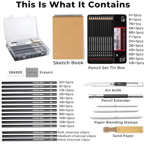 Image of Sketch Pencil Set, Drawing Pencil Set and Shading Pencils Set for Artists, Perfect Sketching Kit of Charcol Pencils and Shading Art with Carry Box and A5 Sketch Book (60 Pieces)